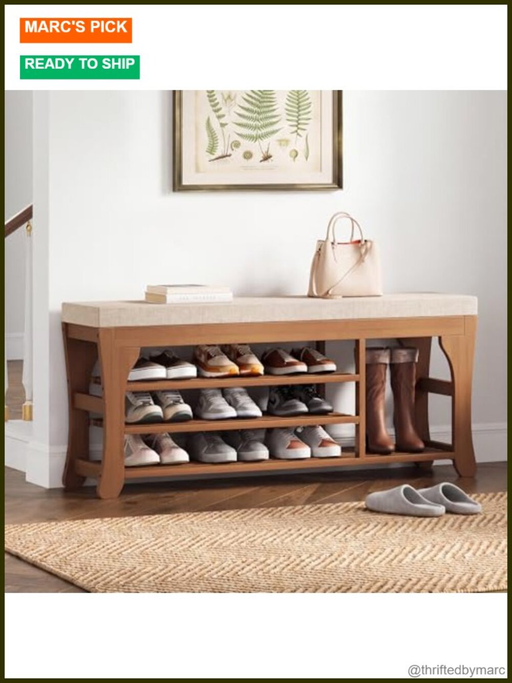 Bamboo Shoe Storage Bench with Cushion 3-Tier Adjustable Shelf 400 LB